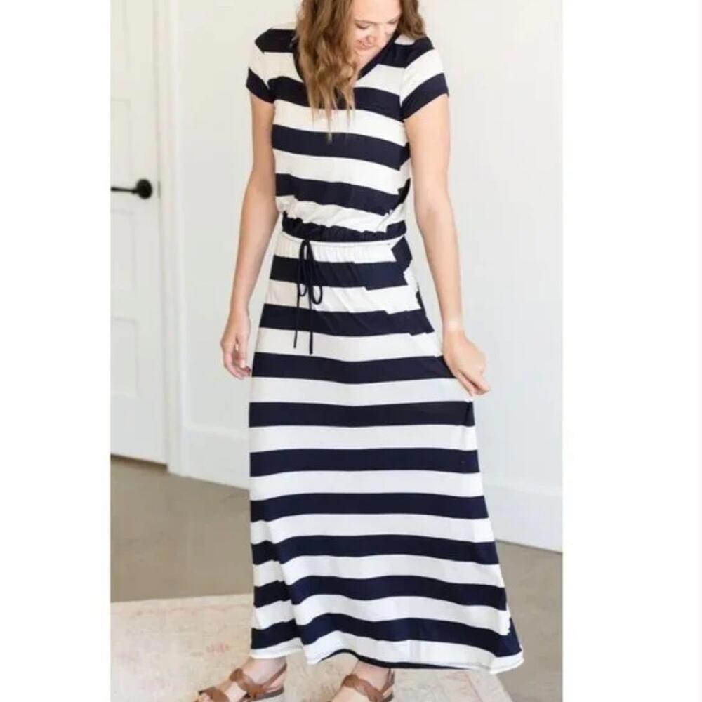 NWT Caslon Navy White Buoy Stripe Short Sleeve Drawstring Maxi Dress Size 3X